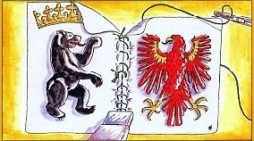 Das Logo wurde von unserem Mitglied Herrn Priv. Doz. Dr. Wilfried Seifart, ehemals Brandenburg/ Havel, in Fortentwicklung einer Fassung f&uuml;r die 1. Sommertagung 1992 unter seiner Leitung gezeichnet. Damals blickte der Berliner B&auml;r wie der Brandenburger Adler wappengerecht nach rechts. In Anspieleung auf die politischen Verh&auml;ltnisse und das Tagungsthema Nahtinsuffizienzen war die Naht zwischen den Wappen zur H&auml;lfte insuffizient. Von der n&auml;chsten Tagung an schauten die Wappentiere sich an, die Naht war vollst&auml;ndig, teils maschinell, teils per Hand. Diese �Vereinigungsfassung� wurde zum bleibenden Emblem der Gesellschaft.  Es ist gesetzlich gesch&uuml;tzt.
